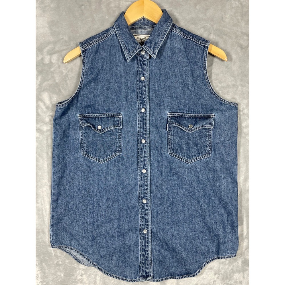 Vintage Levis Sleeveless Denim Shirt Medium Wash Blue Pearl Snap Button Mens M